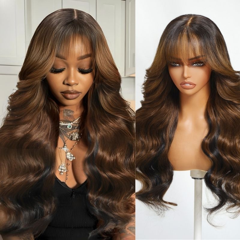 Sunber Loose Wave 13x4 Pre Cut Glueless Dark Chocolate Brown Long Layered Hair Wig With Air Bangs