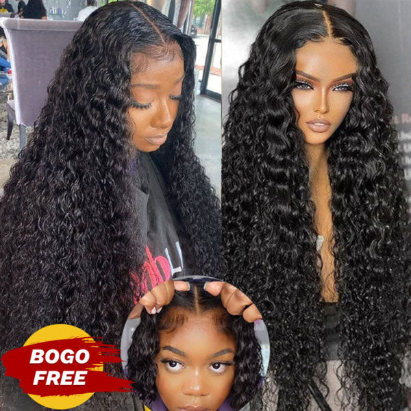 BOGO Sunber Water Wave 7*5 Pre-Cut Lace Glueless Wig Grab And Go Human Hair Wigs Natural Black Color