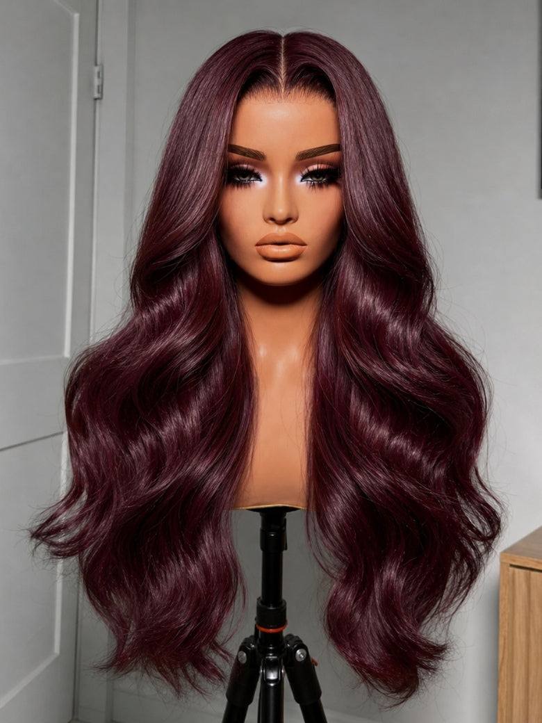 Sunber Burgundy Red Layered Body Wave 7x5 Pre Cut Glueless Wig with Invisi Drawstring