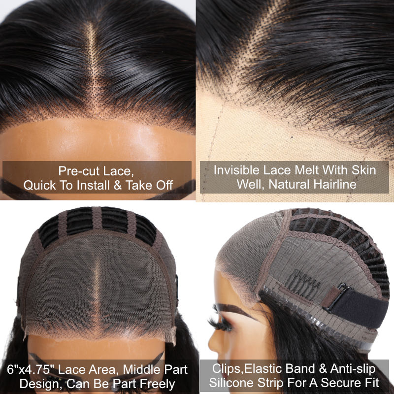 Flash Sale Sunber Wear & Go 6x4.75 Pre-Cut Lace Glueless Wigs Realistic Hairline Human Hair Beginner Friendly