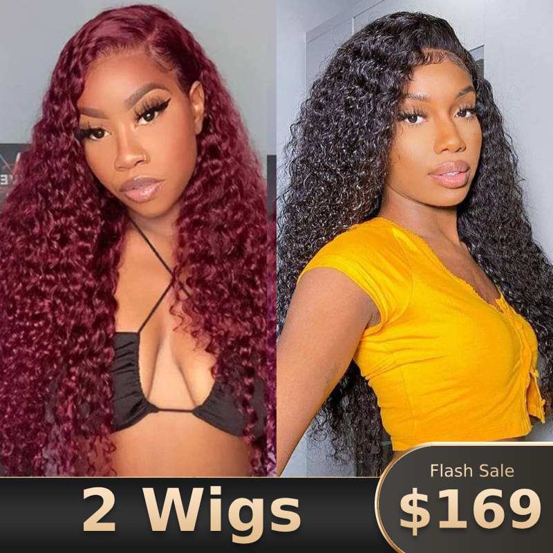 169=2 Wigs| 22" Kinky Curly Lace Part Wig And 99J Curly Lace Front Wigs Flash Sale