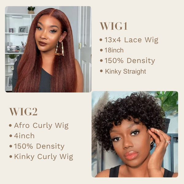 2Wigs=$109|Reddish Brown Kinky Straight Lace Front Wig And Afro Curly Short Bob Wig Flash Sale