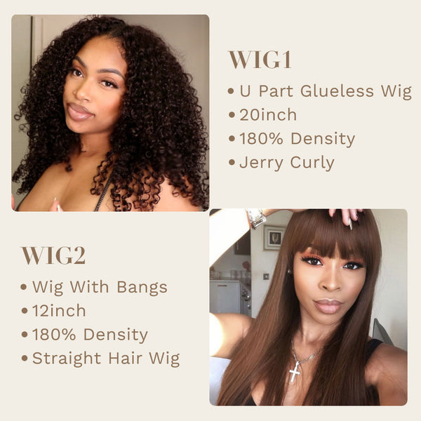 2Wigs=$109| 180% Density U Part Jerry Curly And Brown Straight Hair Wig With Bangs Flash Sale