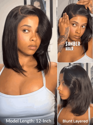 Sunber 7x5 Pre Cut Rachel-Inspired Blunt Layered Shoulder-Length Silky Straight Bob Lace Wig With Side Part Bangs Flash Sale