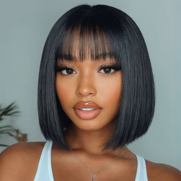 Flash Sale Sunber Straight Bob Wig With Blunt Cut Bangs Glueless Human Hair Wig
