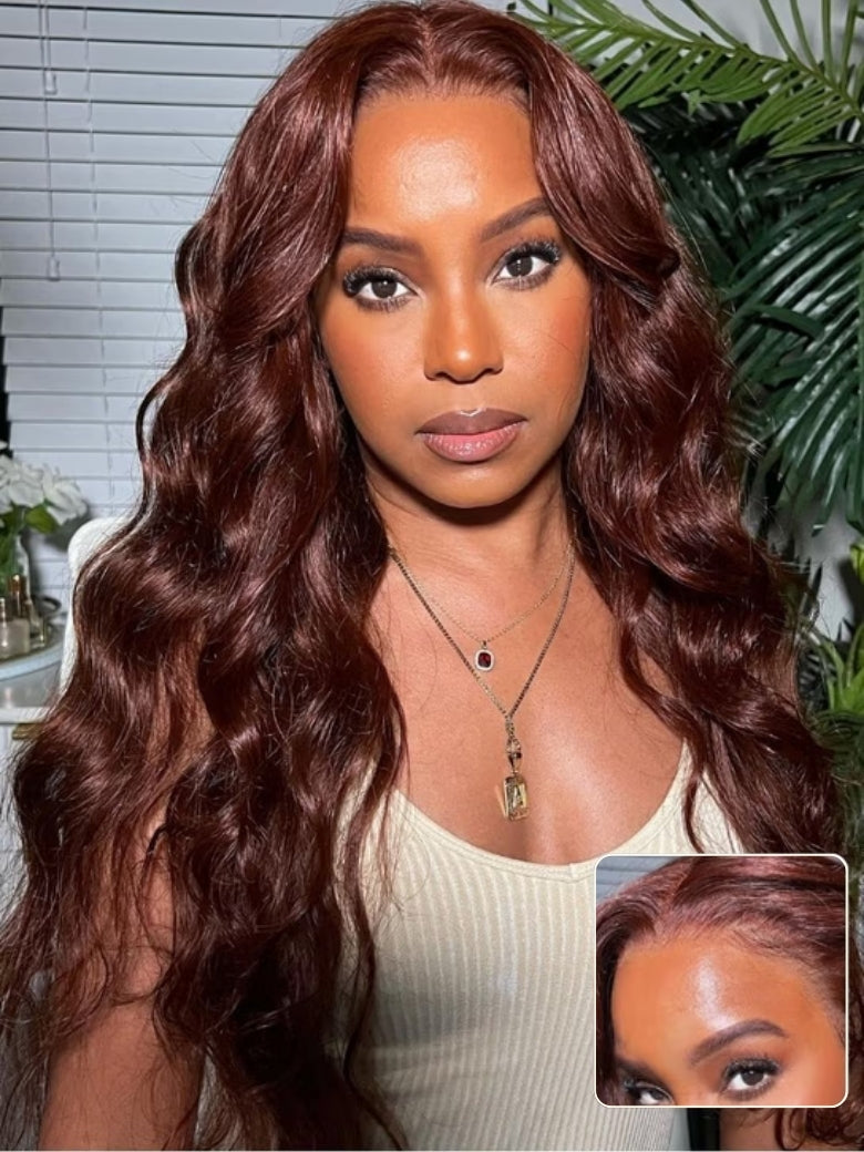 Sunber Body Wave Shake And Go Wigs 150% Density Reddish Brown 7x5 Bye Bye Knots Pre-Cut Lace Human Hair Wigs With Pre-Plucked