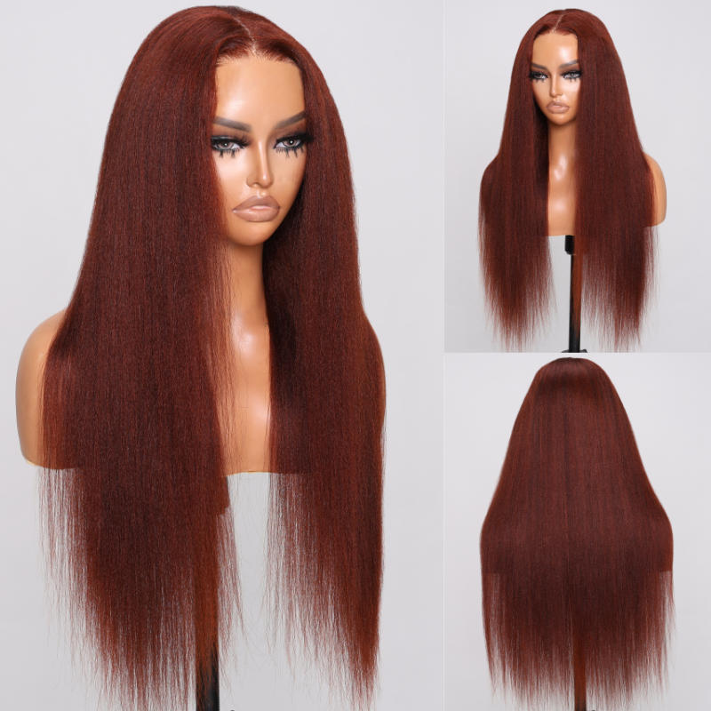 Sunber Reddish Brown Yaki Straight 7x5 Bye Bye Knots Pre-Cut Lace Wig Pre-Plucked Hairline