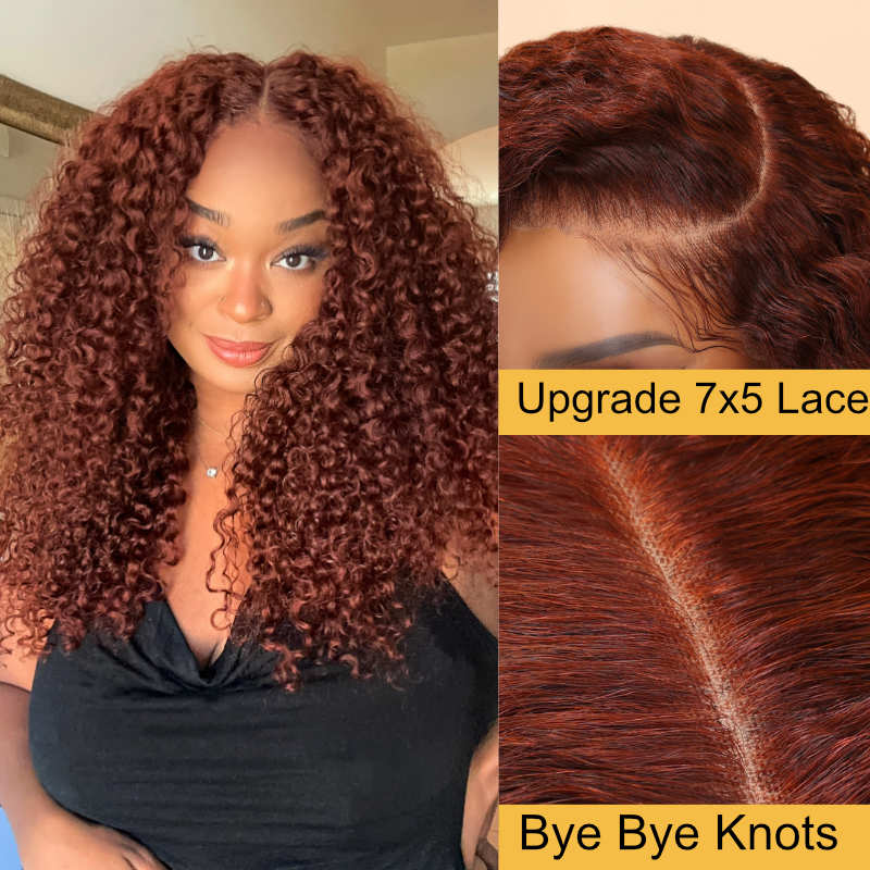 Sunber Reddish Brown Bye Bye Knots Jerry Curly 7x5 Pre-Cut Lace Wig Glueless Bleached Knots