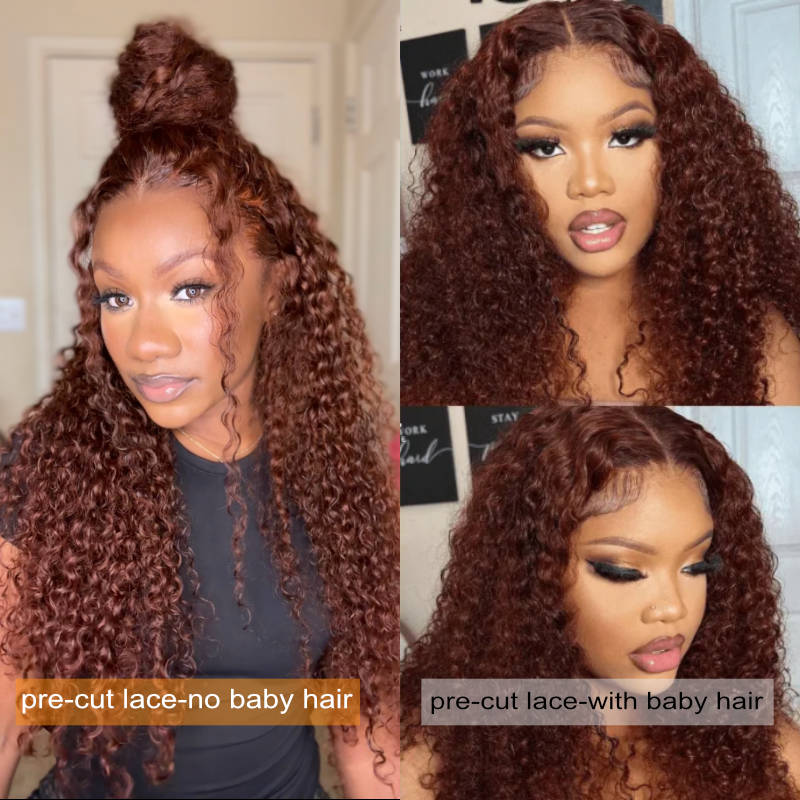 Sunber Reddish Brown Jerry Curly 6×4.75/ 7×5 Pre-Cut Lace Wig Glueless Lace Front Human Hair Bye Bye Knots