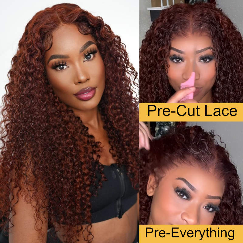 BOGO Sunber Pre-Cut Lace Reddish Brown Curly Quick & Easy Installation Glueless Wigs