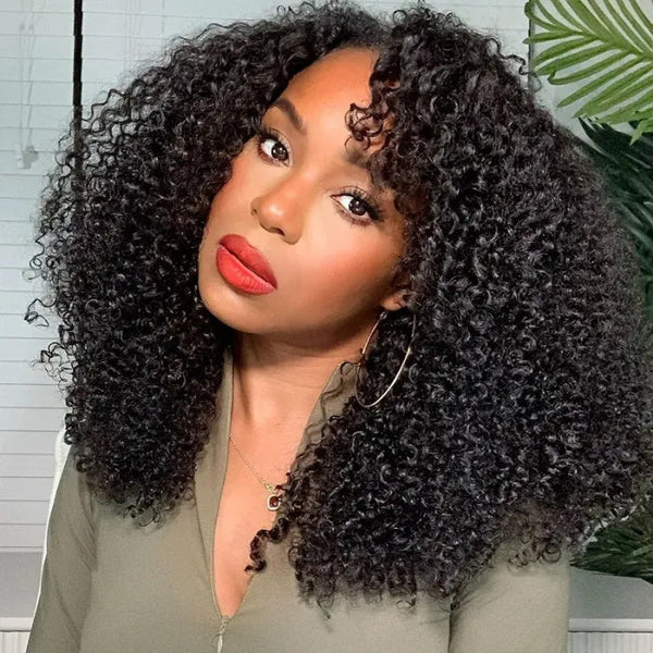 Extra 70% Off |Sunber Kinky Curly Human Hair Wigs Right Side U Part Wigs 180% Density