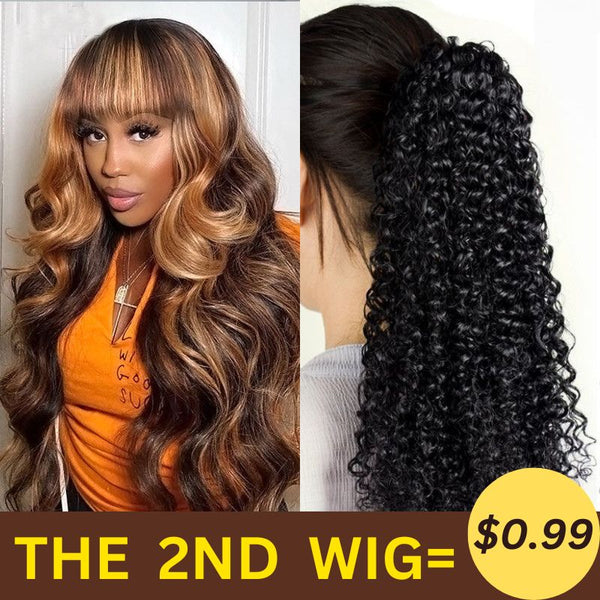 The 2ND WIG=$0.99|Honey Blond Highlight Pre Cut Lace Wig With Bangs And Curly Clip in Ponytail Hair Extensions Flash Sale