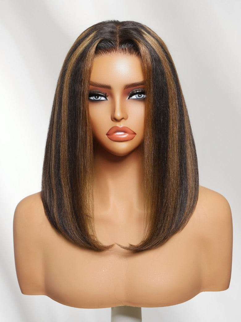 Sunber 7x5 Pre Cut Golden Brown Highlights Yaki Straight Lace Closure Wig With Invisi Drawstring