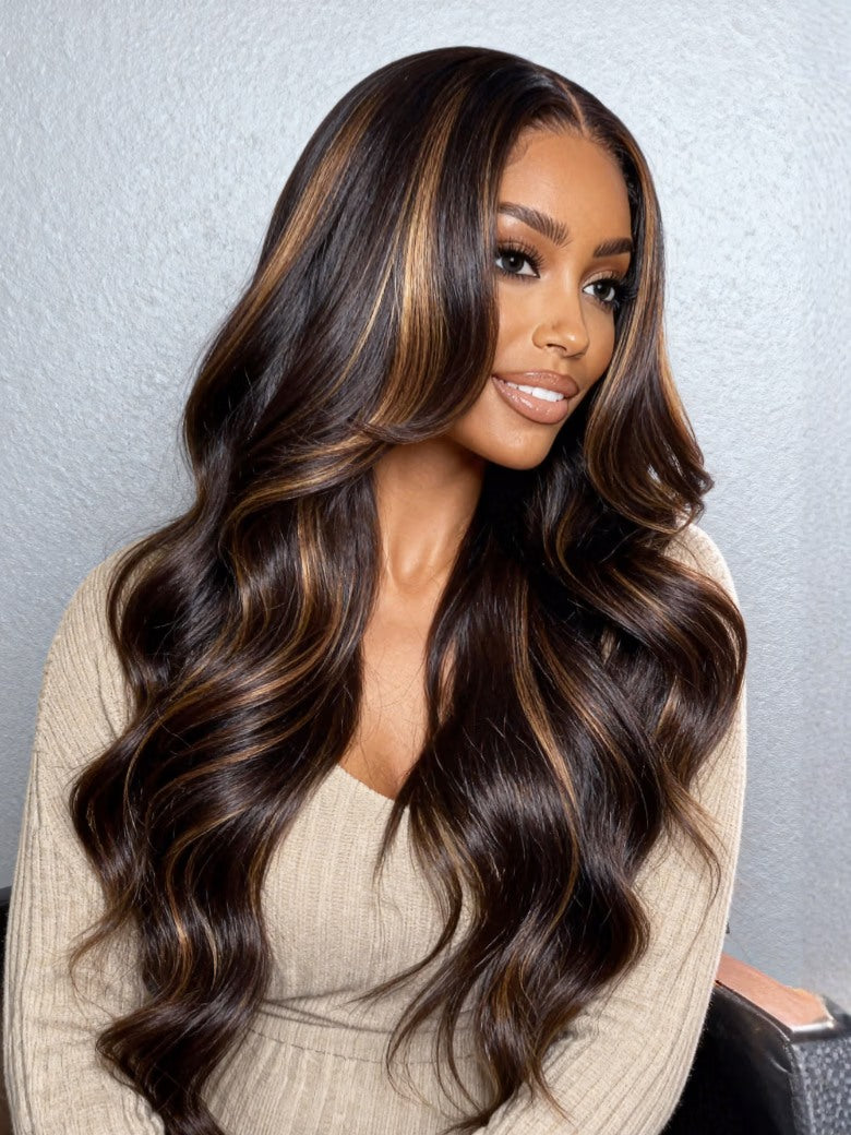 Sunber 7x5 Pre Cut Golden Brown Highlights Yaki Straight Lace Closure Wig With Invisi Drawstring