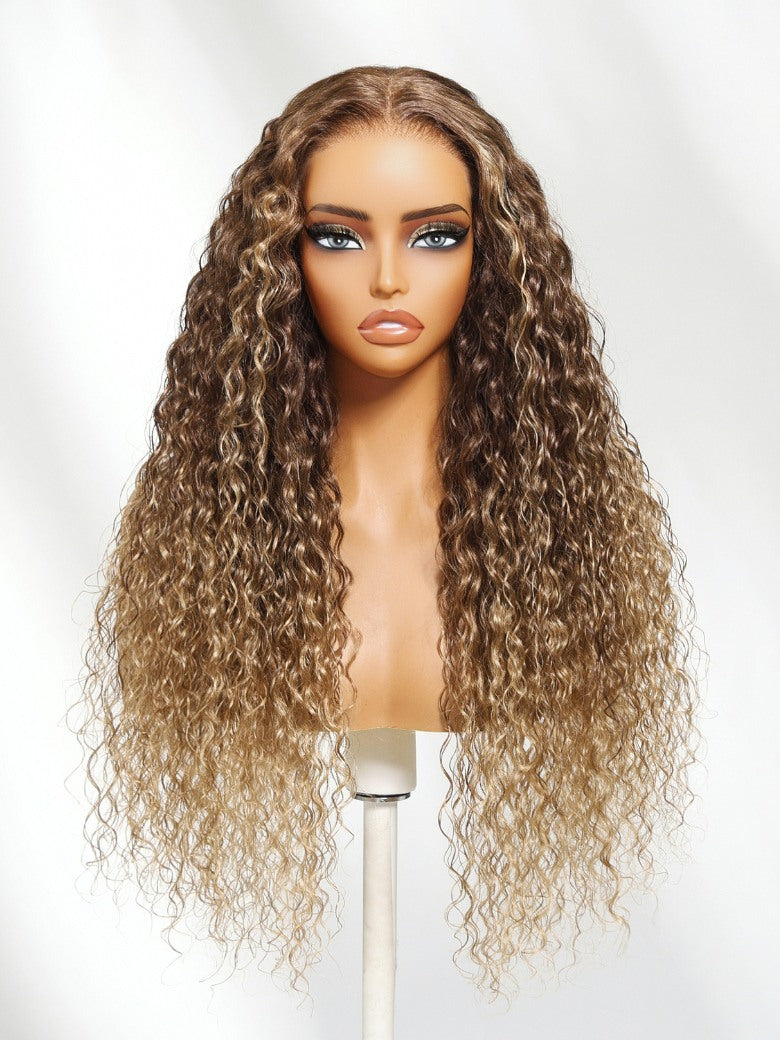 Sunber 13x4 Pre Everything Golden Blonde On Caramel Brown Bouncy Water Wave Wet & Wavy Lace Frontal Wig With Invisi Drawstring