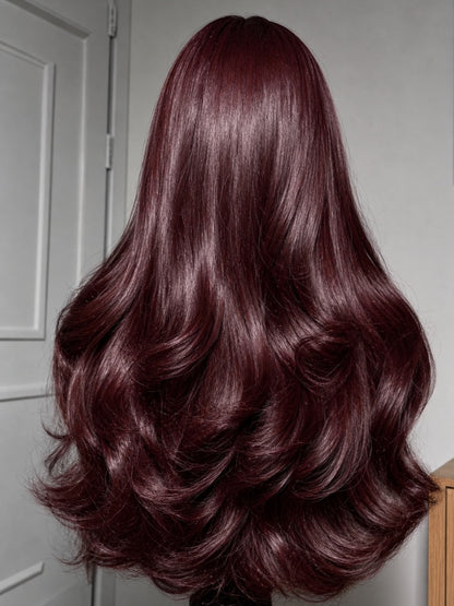 Sunber Burgundy Red Layered Body Wave 7x5 Pre Cut Glueless Wig with Invisi Drawstring