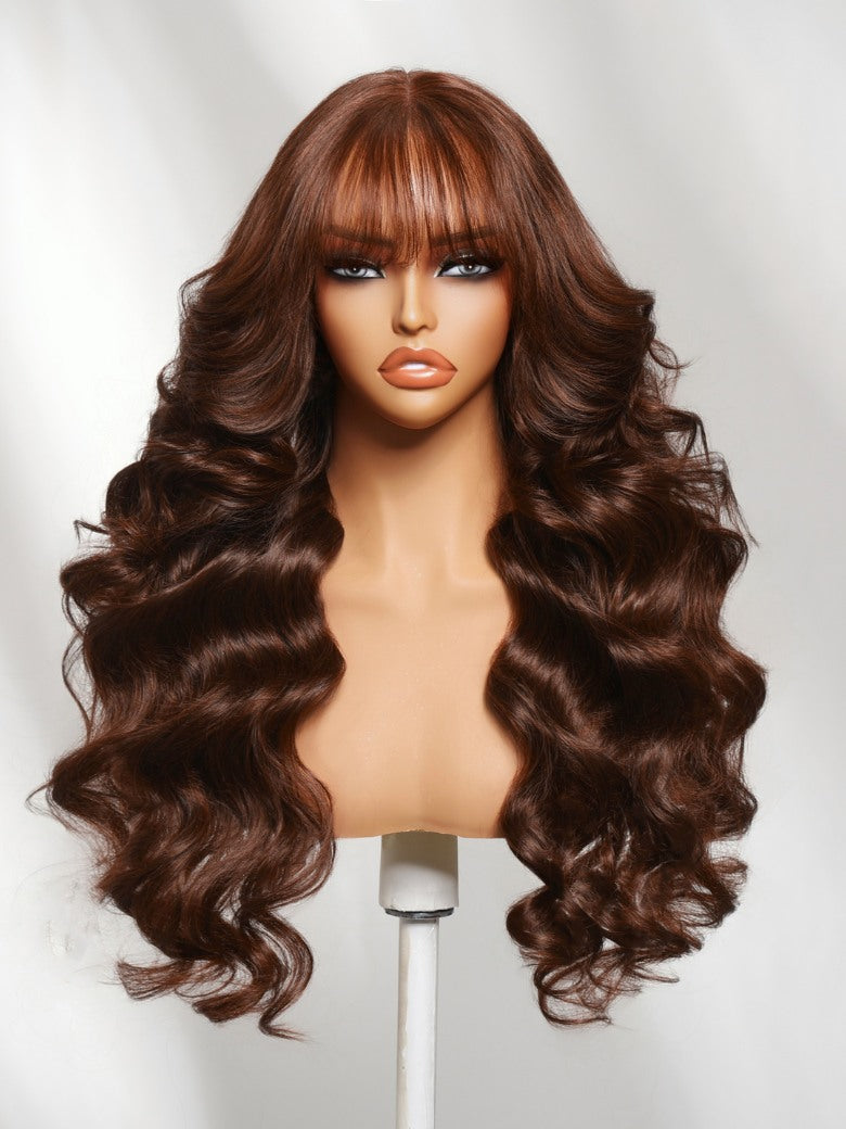 Sunber 180% Density 7x5 Pre Cut Chocolate Auburn Brown Salon styled Lace Wig With Face Framing Curtain Bangs
