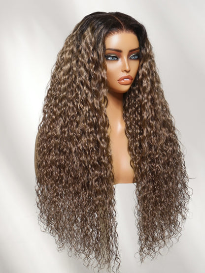 Sunber Ash Brown With Dark Roots Water Wave 7x5 Lace Closure Wig With Summer Vacation Vibes