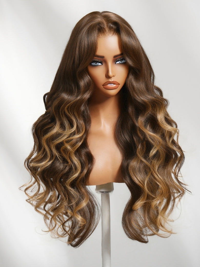 Sunber Loose Wave 7x5 Pre Cut Lace Closure Layered Brown Highlights Colored Wig