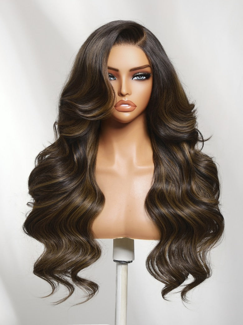 Sunber 7x5 Pre Cut Chestnut Brown Highlights With Dark Roots Salon-level Side Part Layered Lace Wig With Invisi Drawstring
