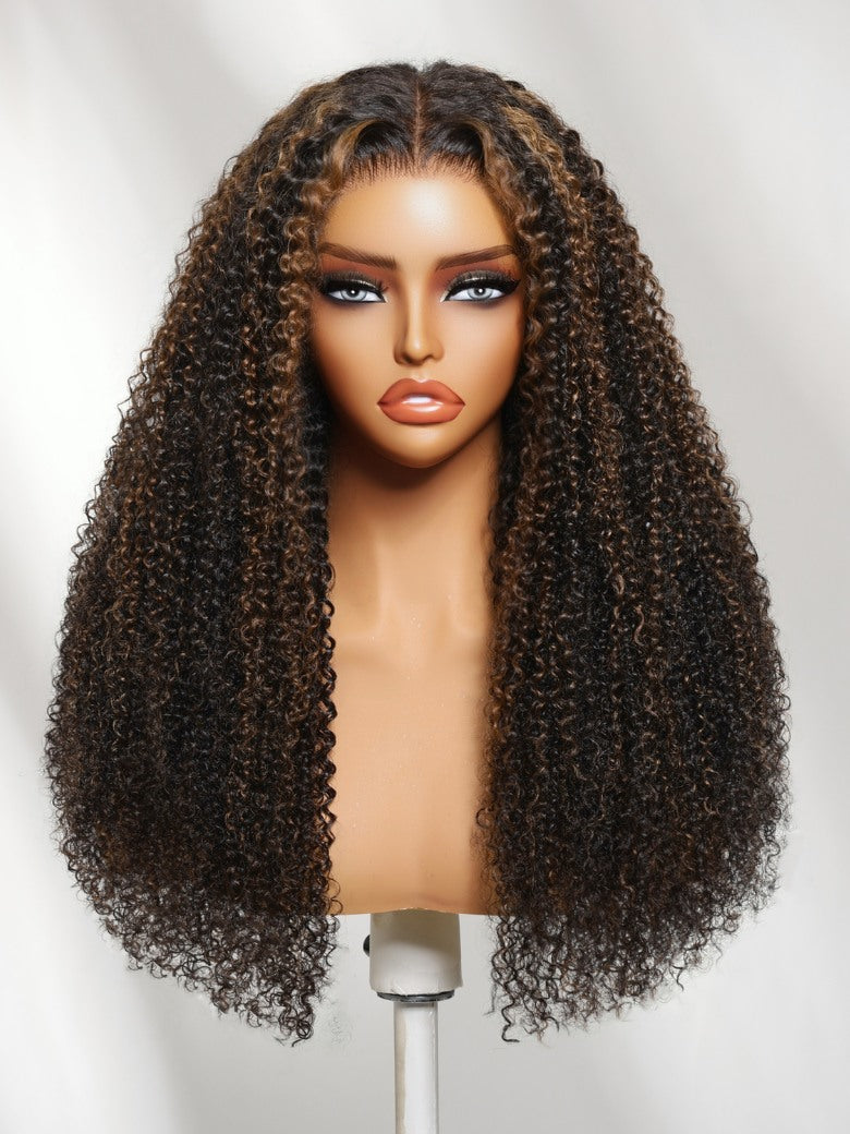 Sunber 7x5 Pre Cut Golden Brown Highlights Kinky Curly Lace Closure Wig With Invisi Drawstring