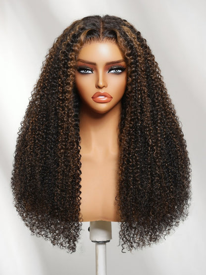 Sunber 7x5 Pre Cut Golden Brown Highlights Kinky Curly Lace Closure Wig With Invisi Drawstring