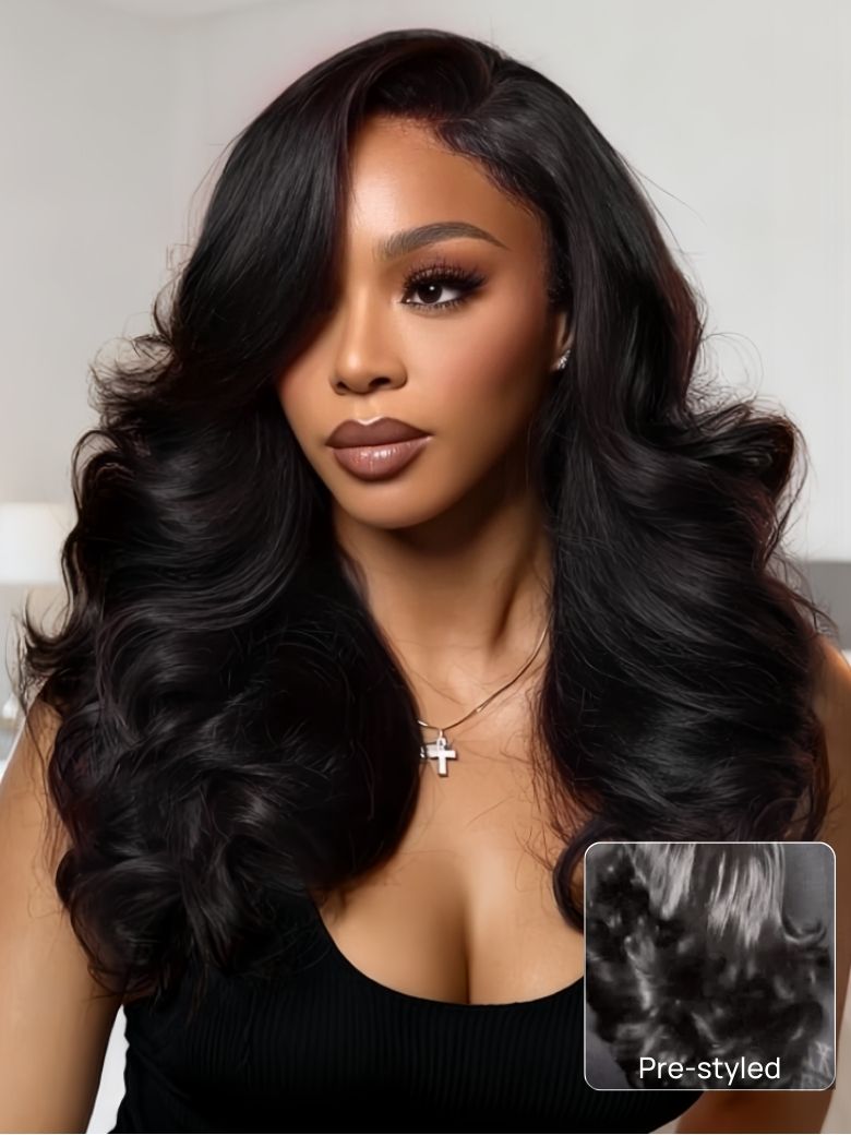 Flash Sale Sunber 180% Density Natural Black Body Curl 7x5 Pre Cut Lace Face-Framing Soft Layers Wig