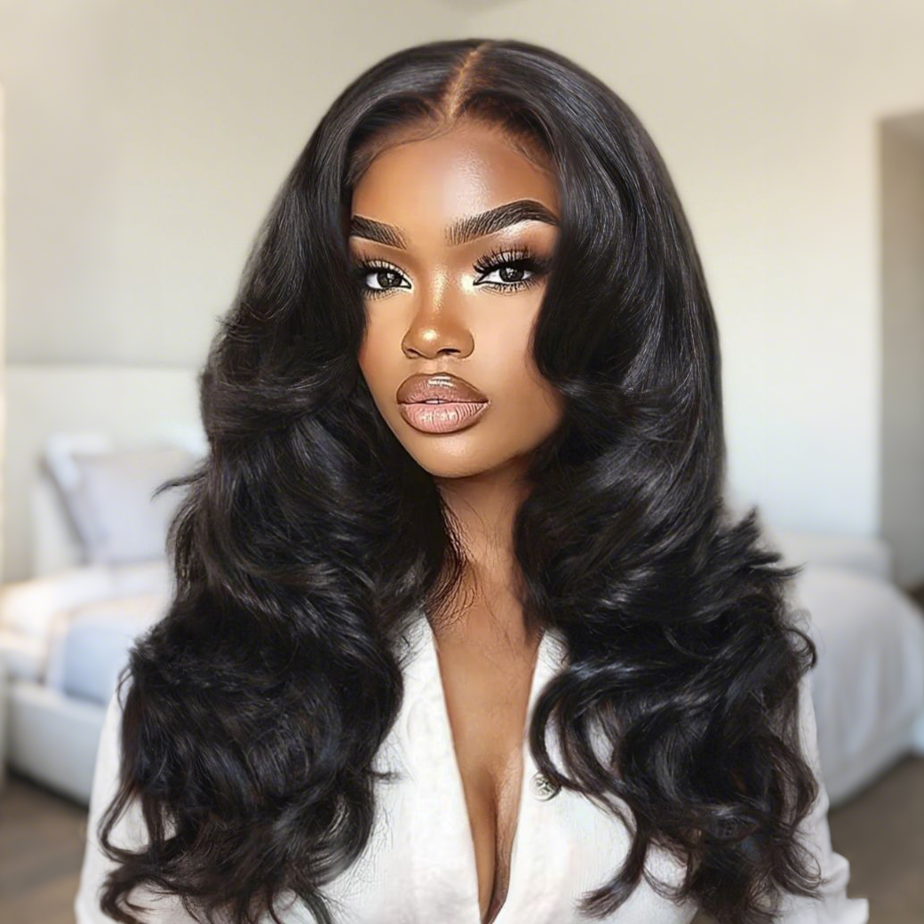 Flash Sale Sunber 180% Density Natural Black Body Curl 7x5 Pre Cut Lace Face-Framing Soft Layers Wig