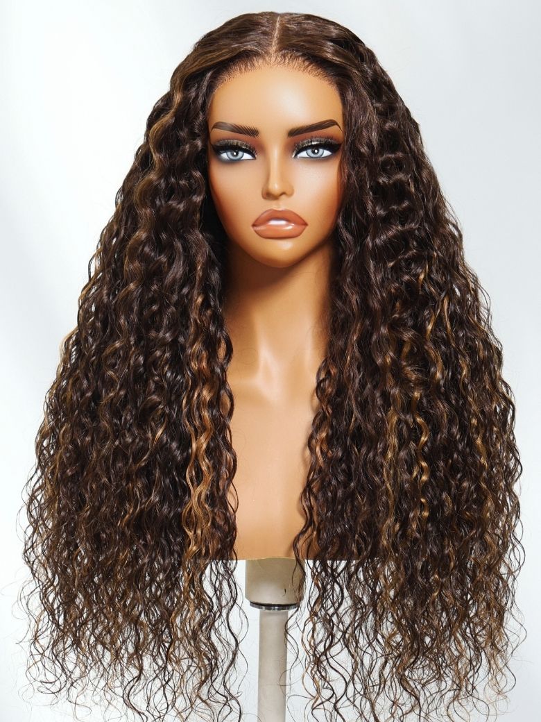 Sunber Piano Brown Highlight Curly 7x5 Bye Bye Knots Pre Cut Lace Water Wave Wig With Invisi Drawstring Flash Sale