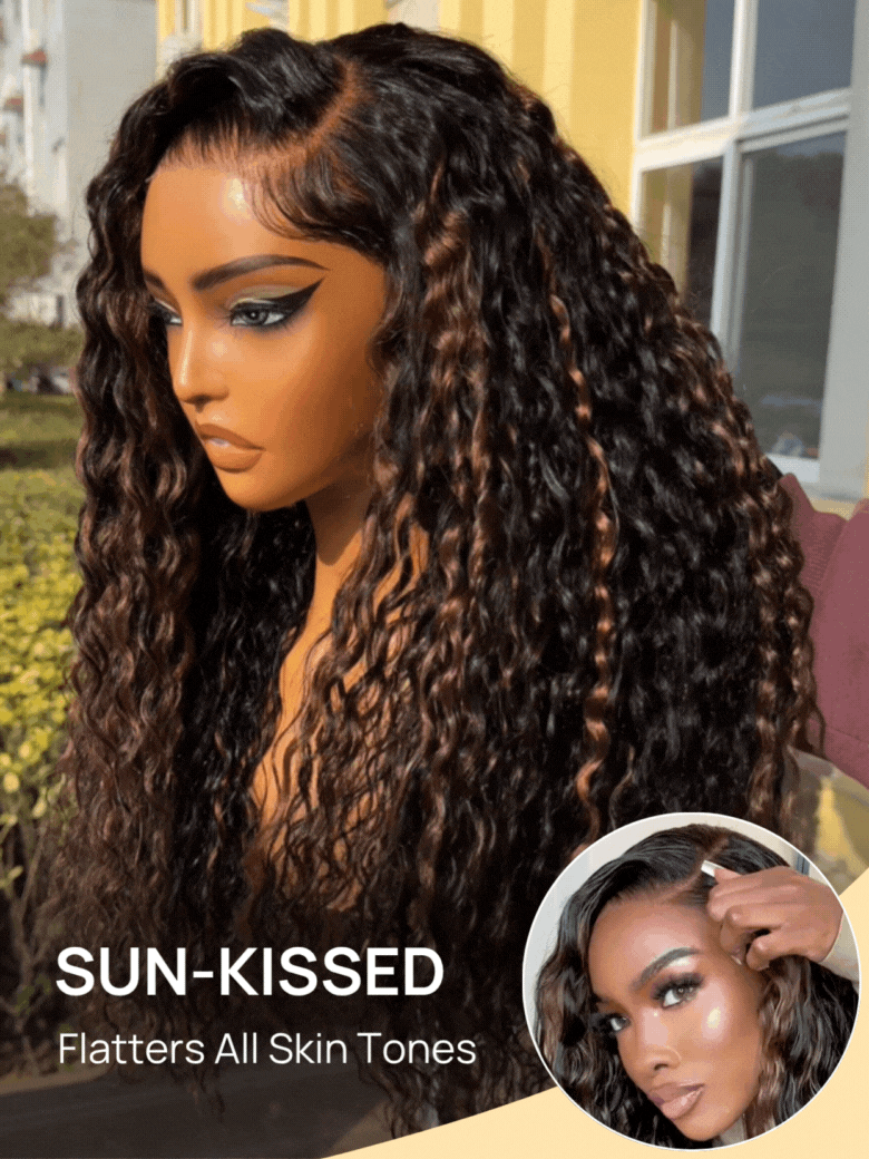 Sunber Piano Brown Highlight Curly 7x5 Bye Bye Knots Pre Cut Lace Water Wave Wig With Invisi Drawstring Flash Sale