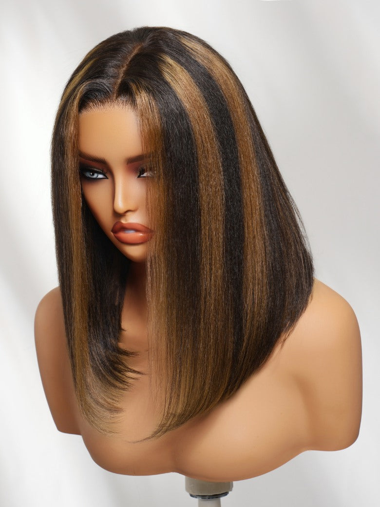 Sunber 7x5 Pre Cut Golden Brown Highlights Yaki Straight Lace Closure Wig With Invisi Drawstring