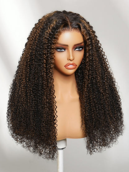 Sunber 7x5 Pre Cut Golden Brown Highlights Kinky Curly Lace Closure Wig With Invisi Drawstring