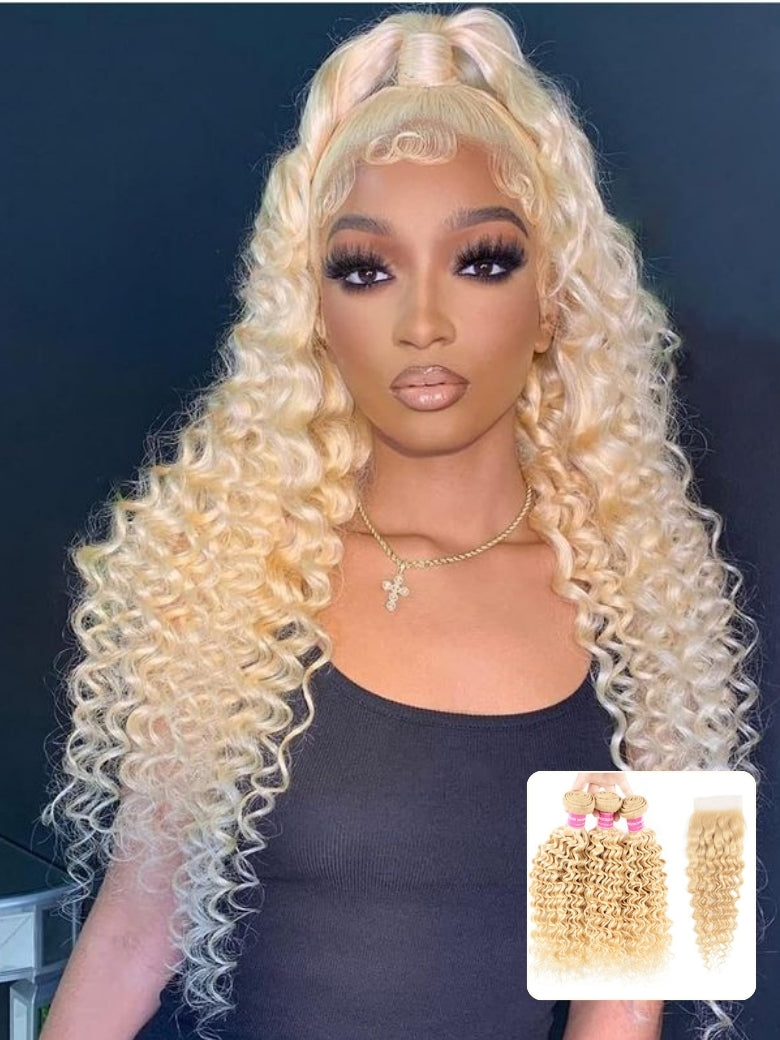 Sunber Hair 613 Blonde Deep Wave 3PCS  With 4X4 Lace Closure 100% Virgin Human Hair Weaves