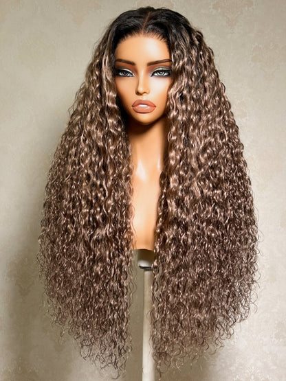 Sunber Ash Brown With Dark Roots Water Wave 7x5 Lace Closure Wig With Summer Vacation Vibes