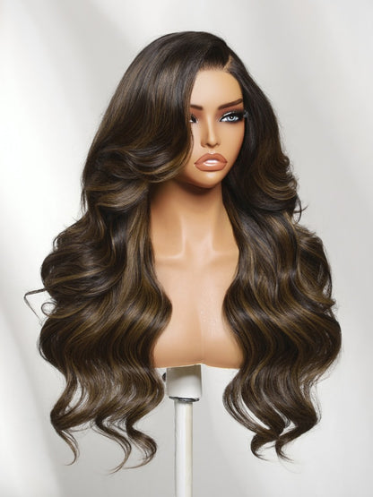 Sunber 7x5 Pre Cut Chestnut Brown Highlights With Dark Roots Salon-level Side Part Layered Lace Wig With Invisi Drawstring