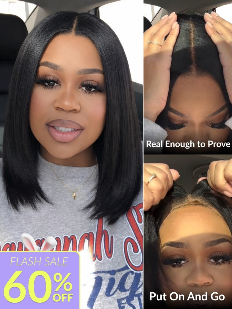 Sunber Blunt Cut Light Yaki Straight 7x5 Pre-Cut Lace Bye Bye Knots Glueless Bob Wig Pre-plucked Flash Sale