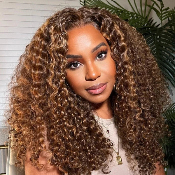 Flash Sale Sunber Piano Brown Highlight Kinky Curly 7x5 Bye Bye Knots Lace Closure Wig With Bleached Knots