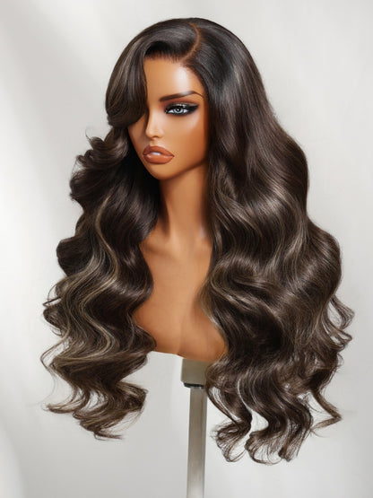 Sunber 7x5 Pre Cut Dark Brown Chocolate Highlights Lace Part Wig With Side Part Soft Glam Waves