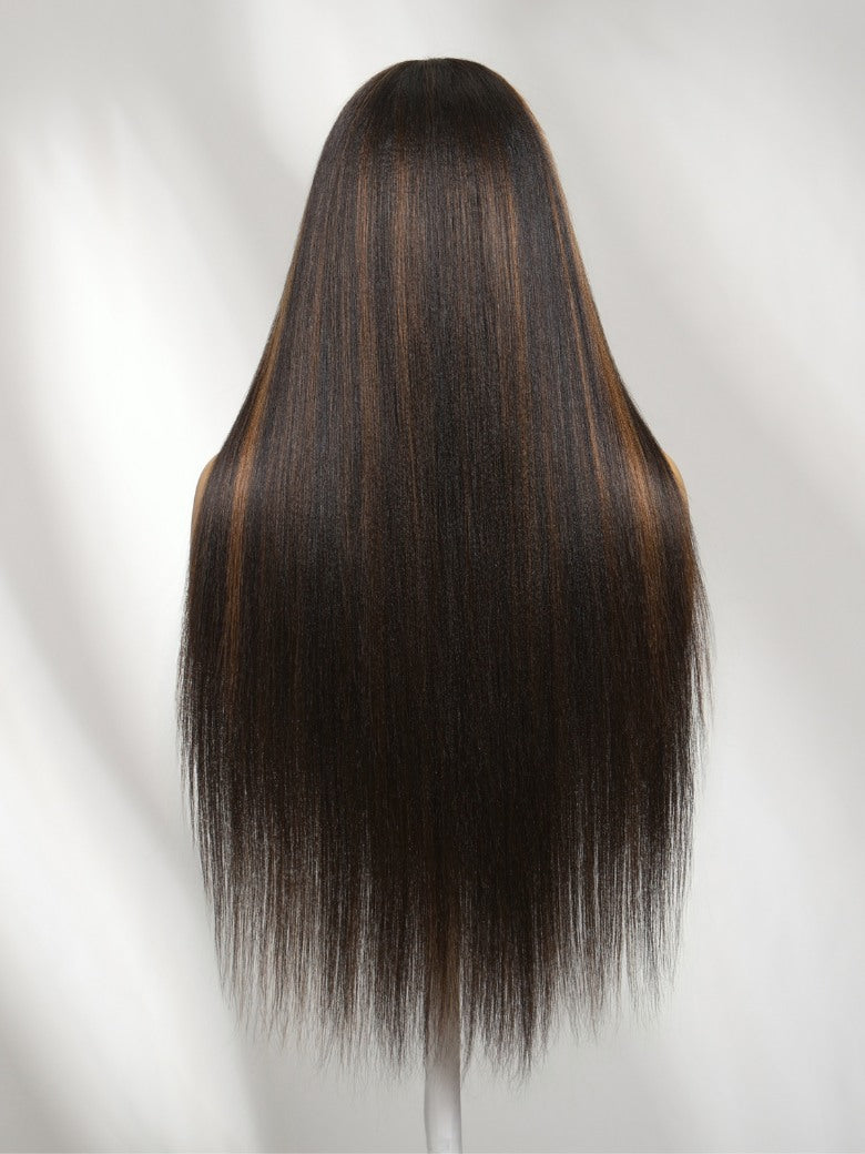 Sunber 7x5 Pre Cut Golden Brown Highlights Yaki Straight Lace Closure Wig With Invisi Drawstring