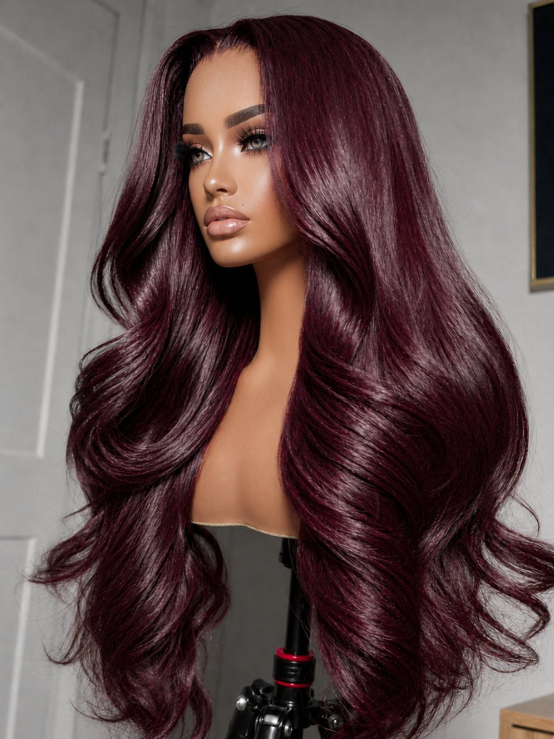 Sunber Burgundy Red Layered Body Wave 7x5 Pre Cut Glueless Wig with Invisi Drawstring