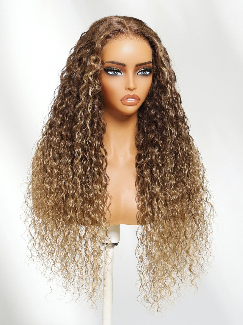 Sunber 13x4 Pre Everything Golden Blonde On Caramel Brown Bouncy Water Wave Wet &amp; Wavy Lace Frontal Wig With Invisi Drawstring