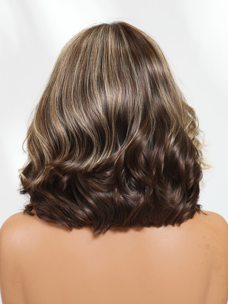 Sunber 7x5 Pre Cut Dark Brown with Honey Blonde Highlights Shoulder-Length Bob Wavy Lob Loose Curls Lace Part Wig With Layers