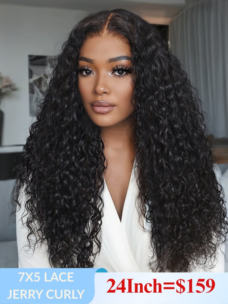 Low To $59 Sunber Jerry Curly 7x5 Pre Cut Lace Human Hair Glueless Wigs $100 Off