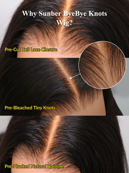 Extra 50% OFF | Sunber Yaki Straight Pull &amp; Go Glueless Pre-cut 7x5 Bye Bye Knots Lace Wig With Bleach Knots