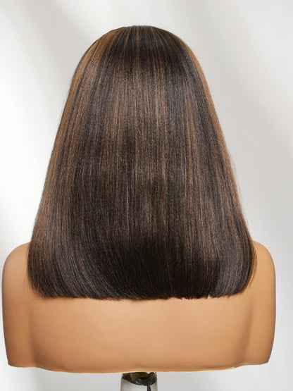 Sunber 7x5 Pre Cut Golden Brown Highlights Yaki Straight Lace Closure Wig With Invisi Drawstring