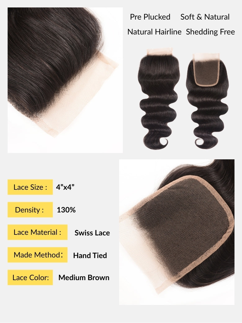 Sunber Hair Brazilian Body Wave Remy Human Hair 4 Bundles With 4*4 Lace Closure 100% Human Hair Extensions