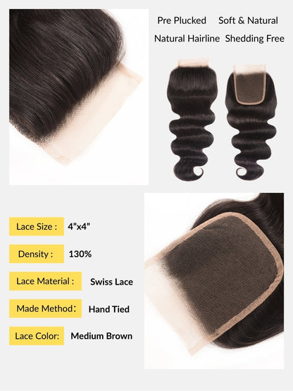 Sunber Hair Brazilian Body Wave Remy Human Hair 4 Bundles With 4*4 Lace Closure 100% Human Hair Extensions