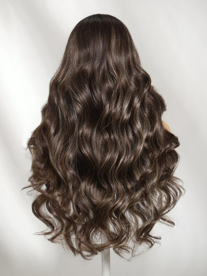 Sunber 7x5 Pre Cut Dark Brown Chocolate Highlights Lace Part Wig With Side Part Soft Glam Waves