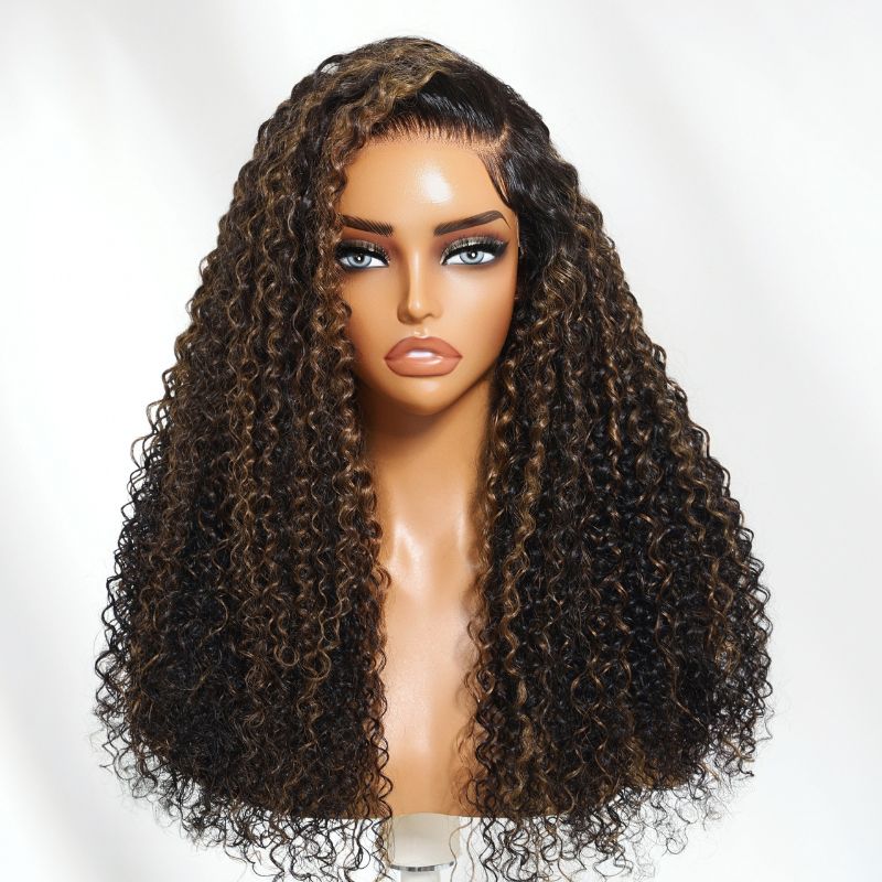 Sunber Golden Brown Highlights 7x5 Bye Bye Knots Jerry Curly Lace Wig With Pre Bleached