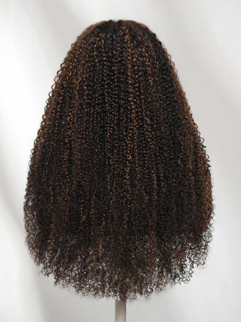 Sunber 7x5 Pre Cut Golden Brown Highlights Kinky Curly Lace Closure Wig With Invisi Drawstring